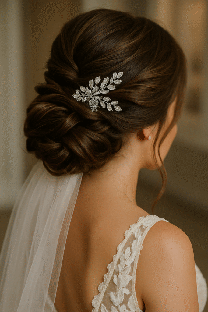 bride receiving bridal makeup by Chicago wedding artist