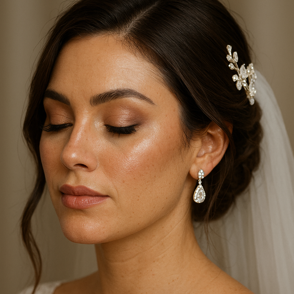 hair and makeup artist in Chicago - Chicago Style Co | On-Location Hair & Makeup in Chicago Bride with soft glam makeup and low updo wearing lace gown and pearl earrings