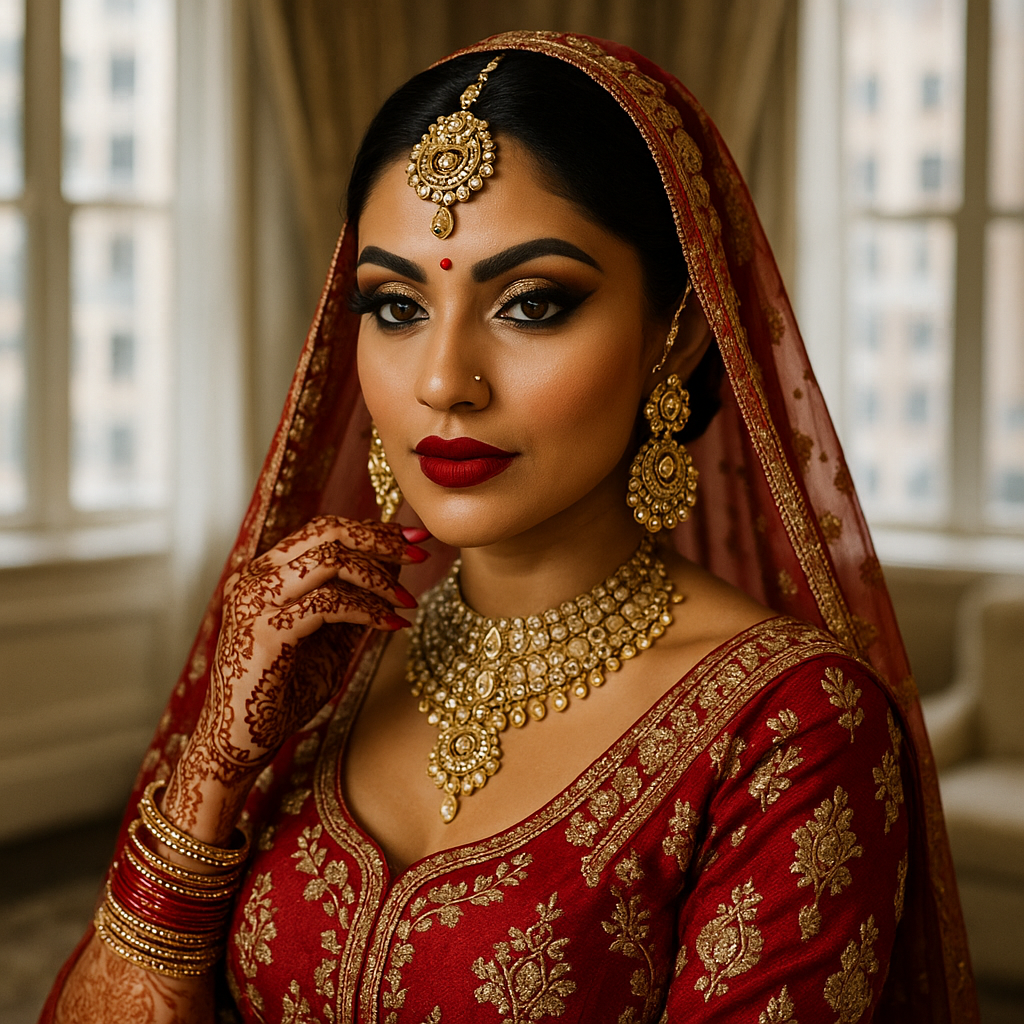indian bridal makeup artist chicago applying flawless airbrush makeup to bride in red lehenga