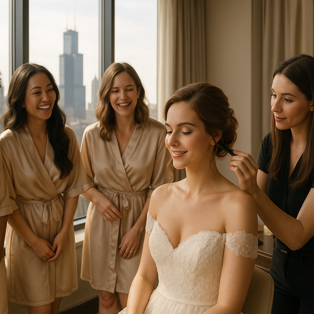 Bride getting her hair styled by Chicago Style Co wedding hair and makeup team