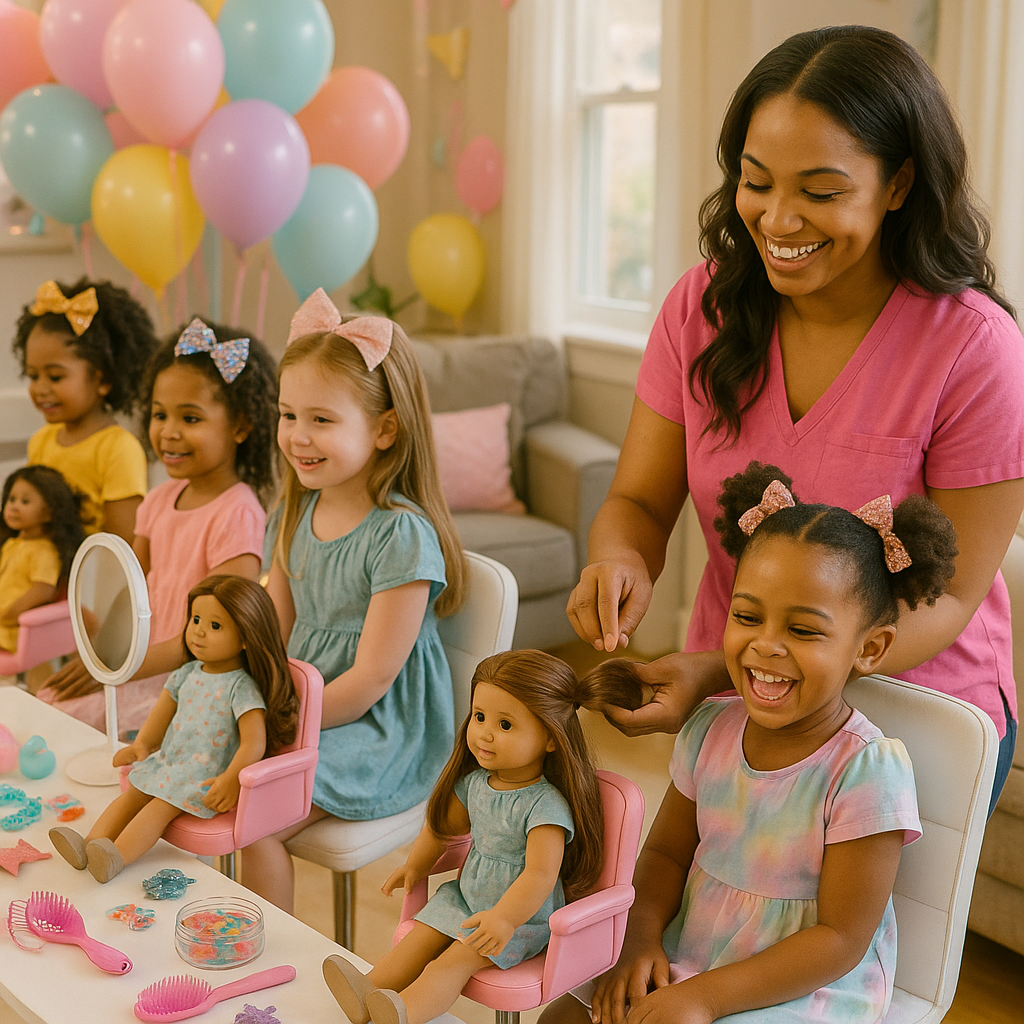Chicago mobile kids beauty party setup with hair styling accessories and goody bags