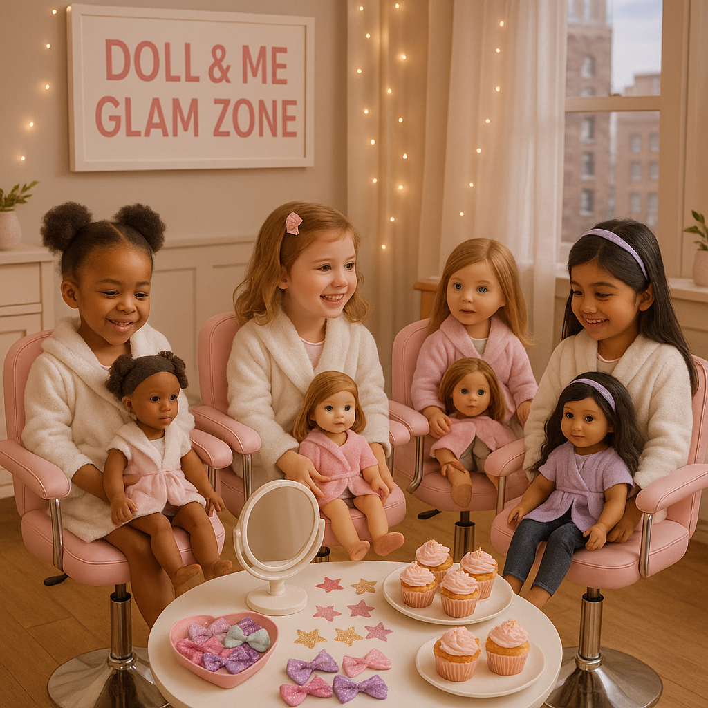 Doll and Me hairstyling party setup with girls and dolls getting pampered in Chicago