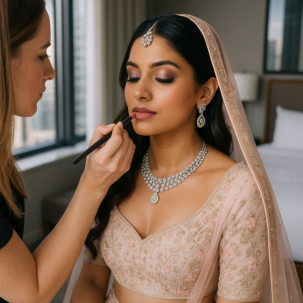 indian bridal makeup artist chicago creating traditional red lip and gold eyeshadow look for bride