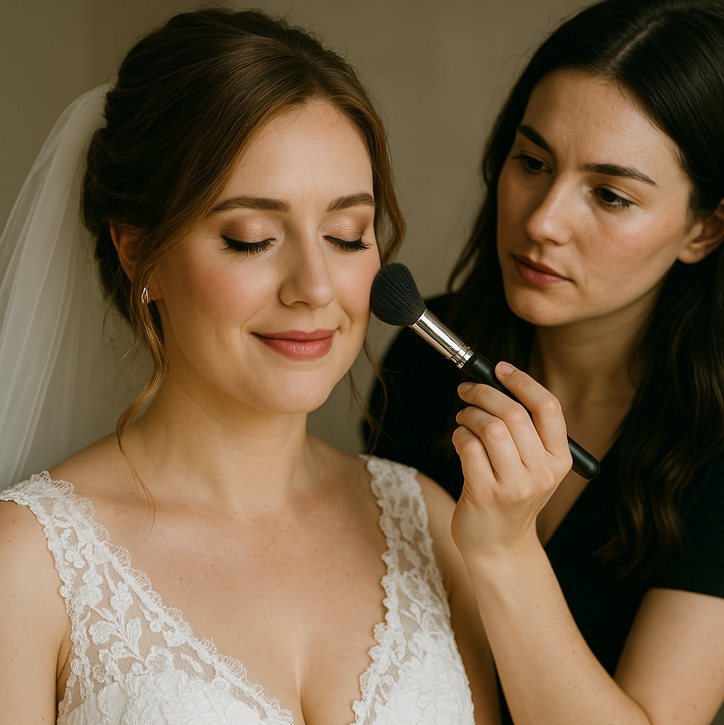 Bride with natural features receiving soft glam makeup in a relaxed bridal prep setting