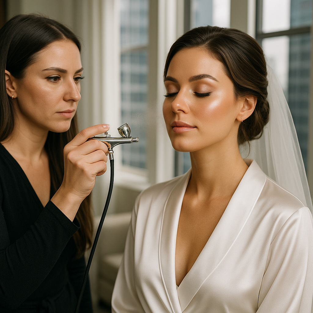 makeup artist applying airbrush bridal makeup on Chicago bride for flawless wedding day look