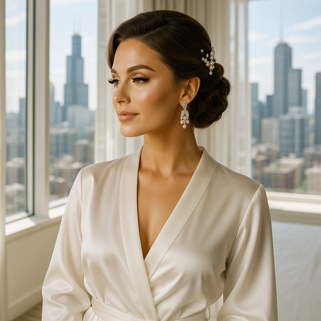 bride getting airbrush bridal makeup applied in Chicago, part of luxury bridal hair and makeup package