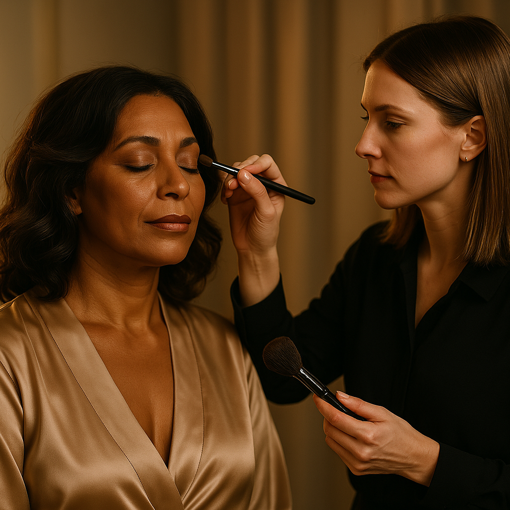 Middle-aged woman with warm skin tone receiving personalized beauty styling in a calm, elegant studio