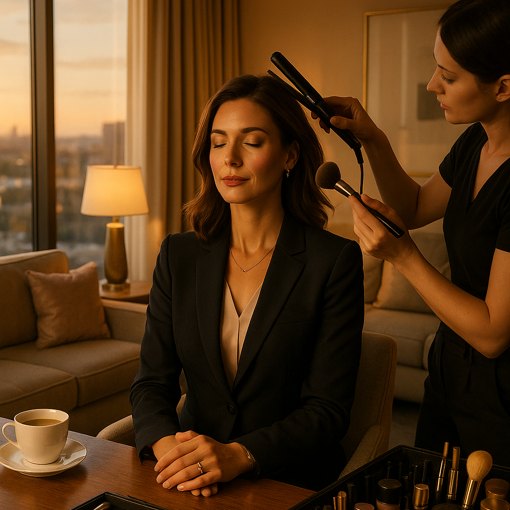 Professional on-site hair and makeup artist in a Chicago hotel room preparing a client for an early morning corporate event.
